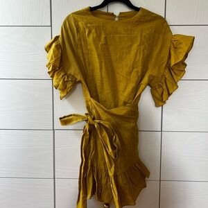 Storets Yellow Ruffled Sleve Wrap Mini Dress